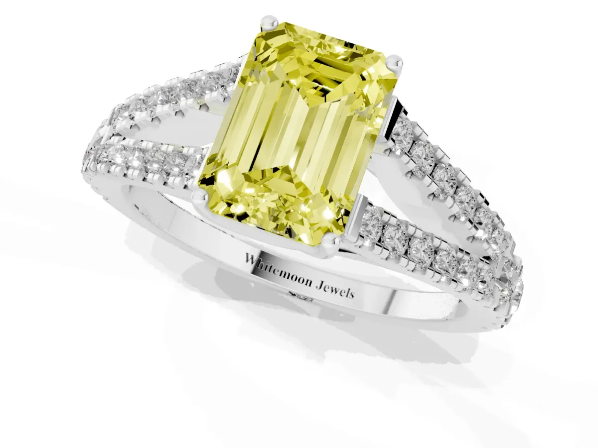 Fancy Yellow Emerald Cut Diamond Split Shank Engagement Ring with Round Pavé and Prong Setting Platinum
