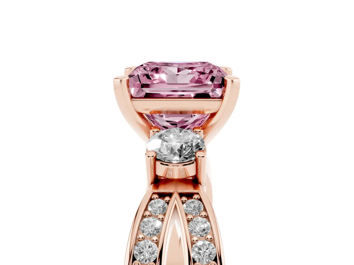Fancy Pink Three-Stone Princess Cut Cut Diamond Twist Band with Prong Setting Rose gold
