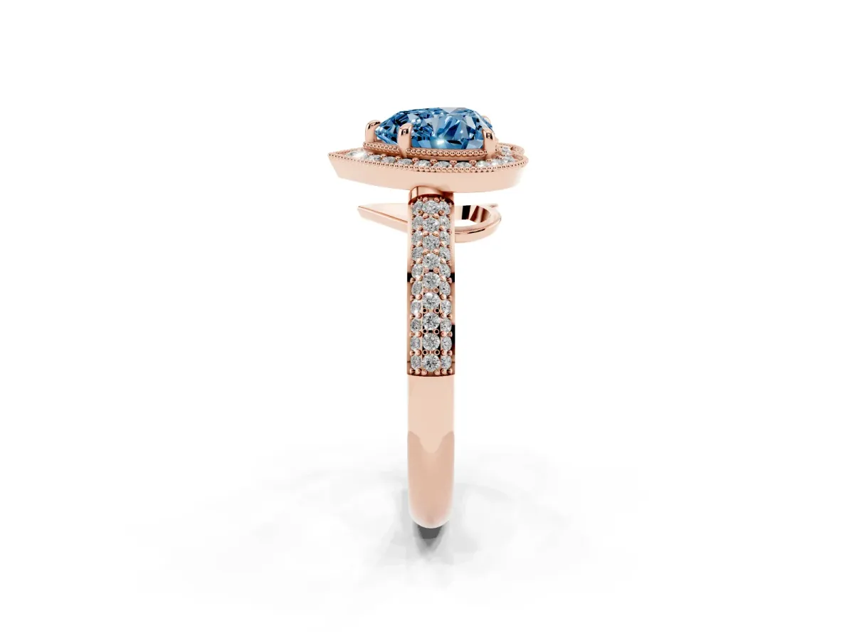 Fancy Blue Heart Cut Cut Halo Diamond Pave Band with Four-Prong Setting Rose gold