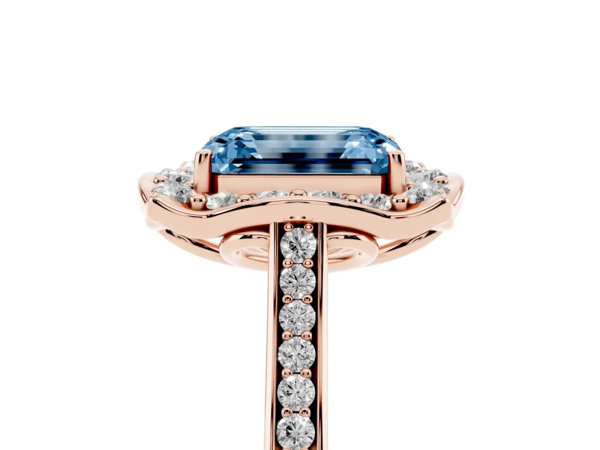 Fancy Blue Emerald Cut Halo Round Diamond Pave Band with Four-Prong Setting Rose gold