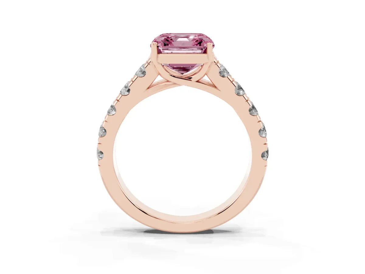 Fancy Pink Asscher Cut Cut Diamond Solitaire Ring with Micro Pave Band and Prong Setting Rose gold