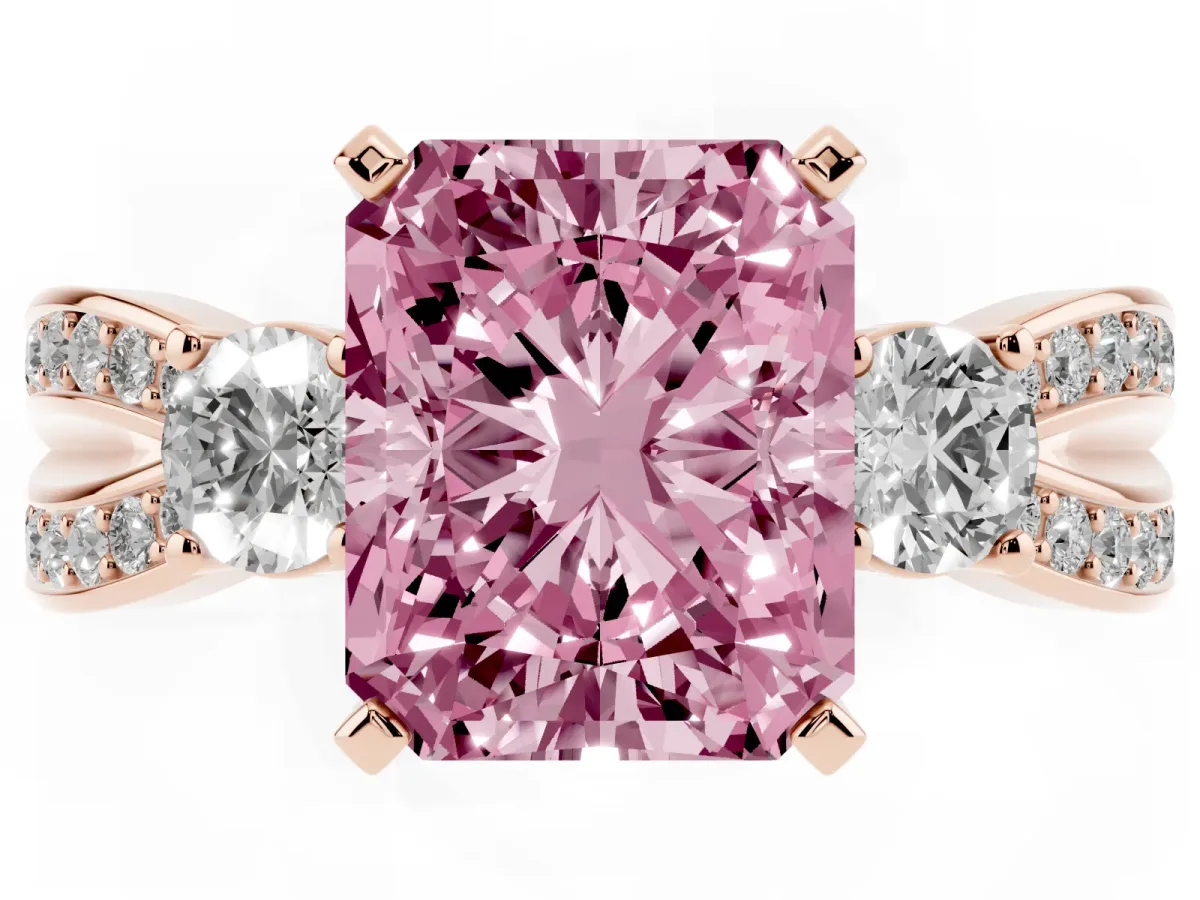 Fancy Pink Three-Stone Radiant Cut Cut Diamond Twist Band with Prong Setting Rose gold