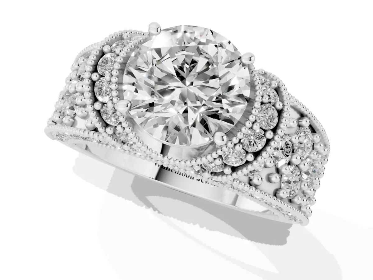 Round Cut Halo Pave Diamond Engagement Ring with Milgrain Detailing Silver