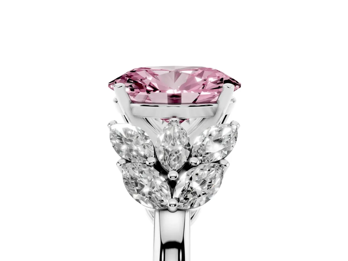 Fancy Pink Oval Cut Diamond Cluster Leaf Design Ring with Prong Setting Platinum