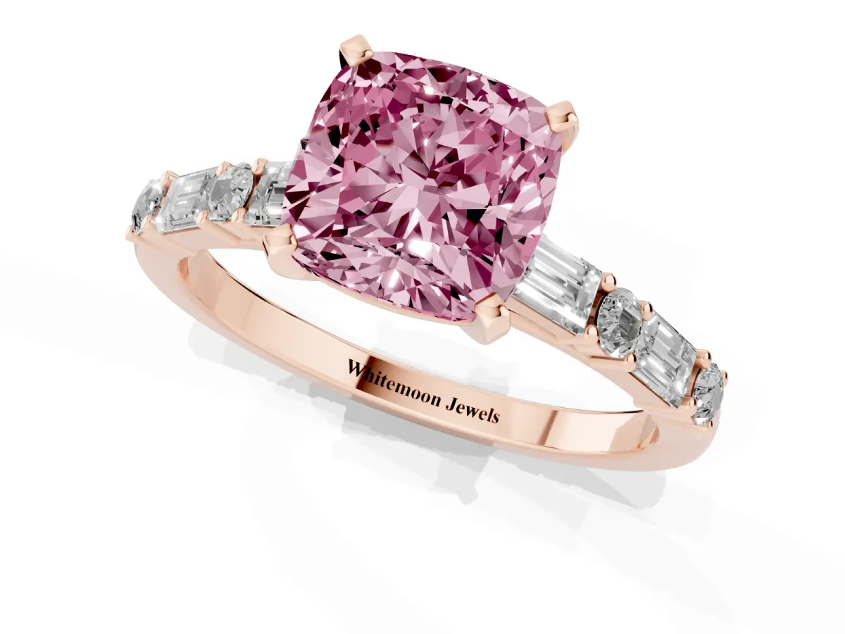 Fancy Pink Cushion Cut Diamond Solitaire with Side Baguettes and Channel Set Band Rose gold