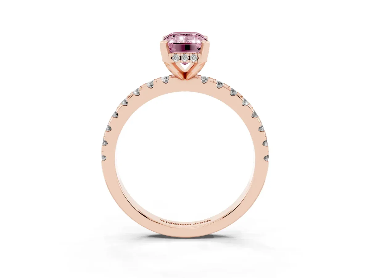 Fancy Pink Emerald Cut Diamond Solitaire Ring with Round Pavé Band and Four-Prong Setting Rose gold