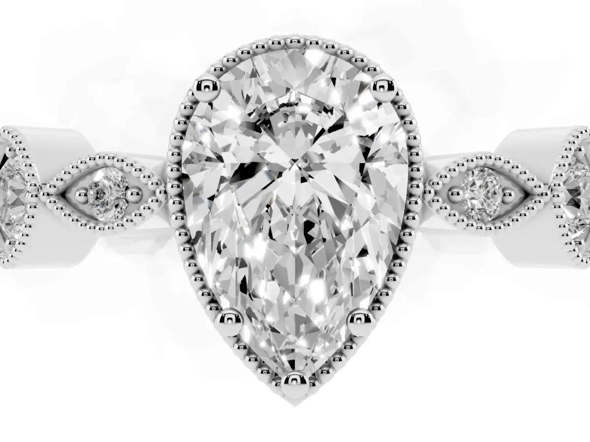 Pear Cut Diamond Vintage Milgrain Ring with Round Stations Silver