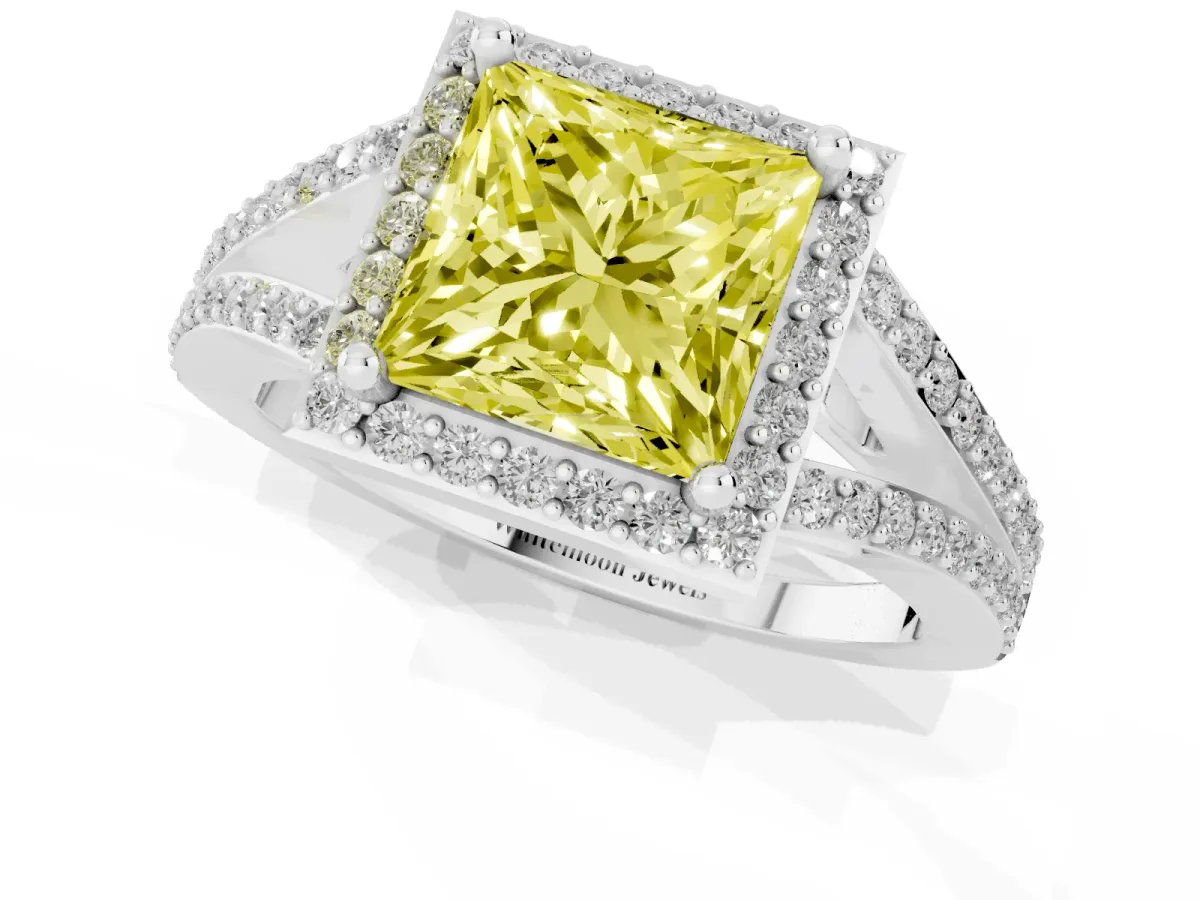 Fancy Yellow Princess Cut Halo Split Shank Diamond Ring with Prong Setting Silver