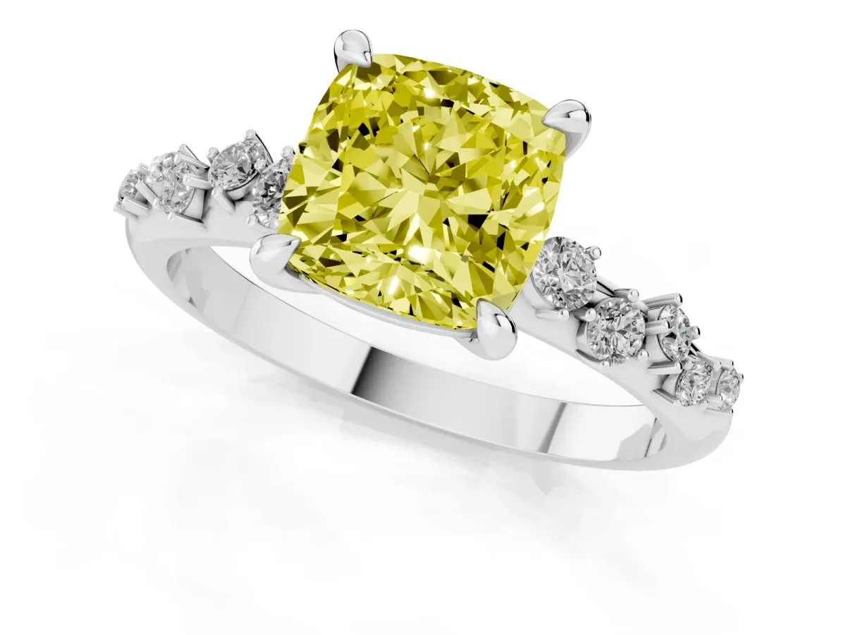 Fancy Yellow Cushion Cut Cut Diamond Vine Band with Four-Prong Setting Platinum