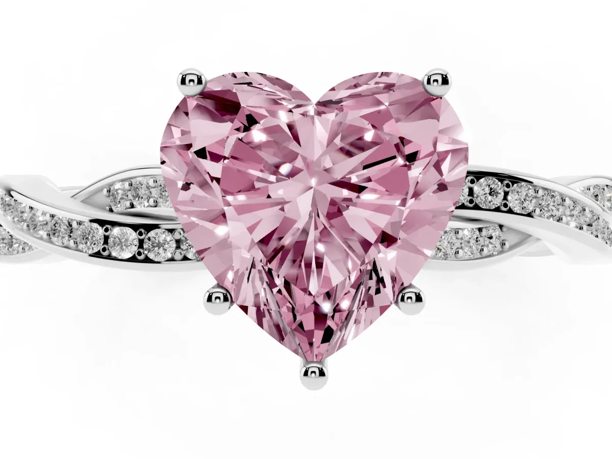 Fancy Pink Heart Cut Solitaire Twisted Pave Diamond Ring with Four-Prong Setting Silver