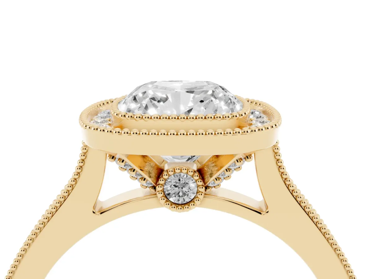 Halo Cushion Cut-Cut Diamond Pave Band Milgrain Prong Setting Ring Yellow gold