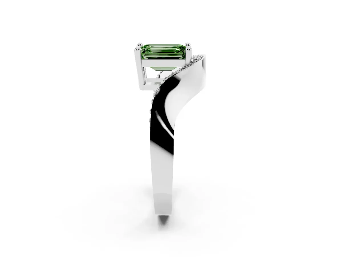 Fancy Green Emerald Cut Solitaire Diamond Engagement Ring with Pave Band and Four-Prong Setting Platinum