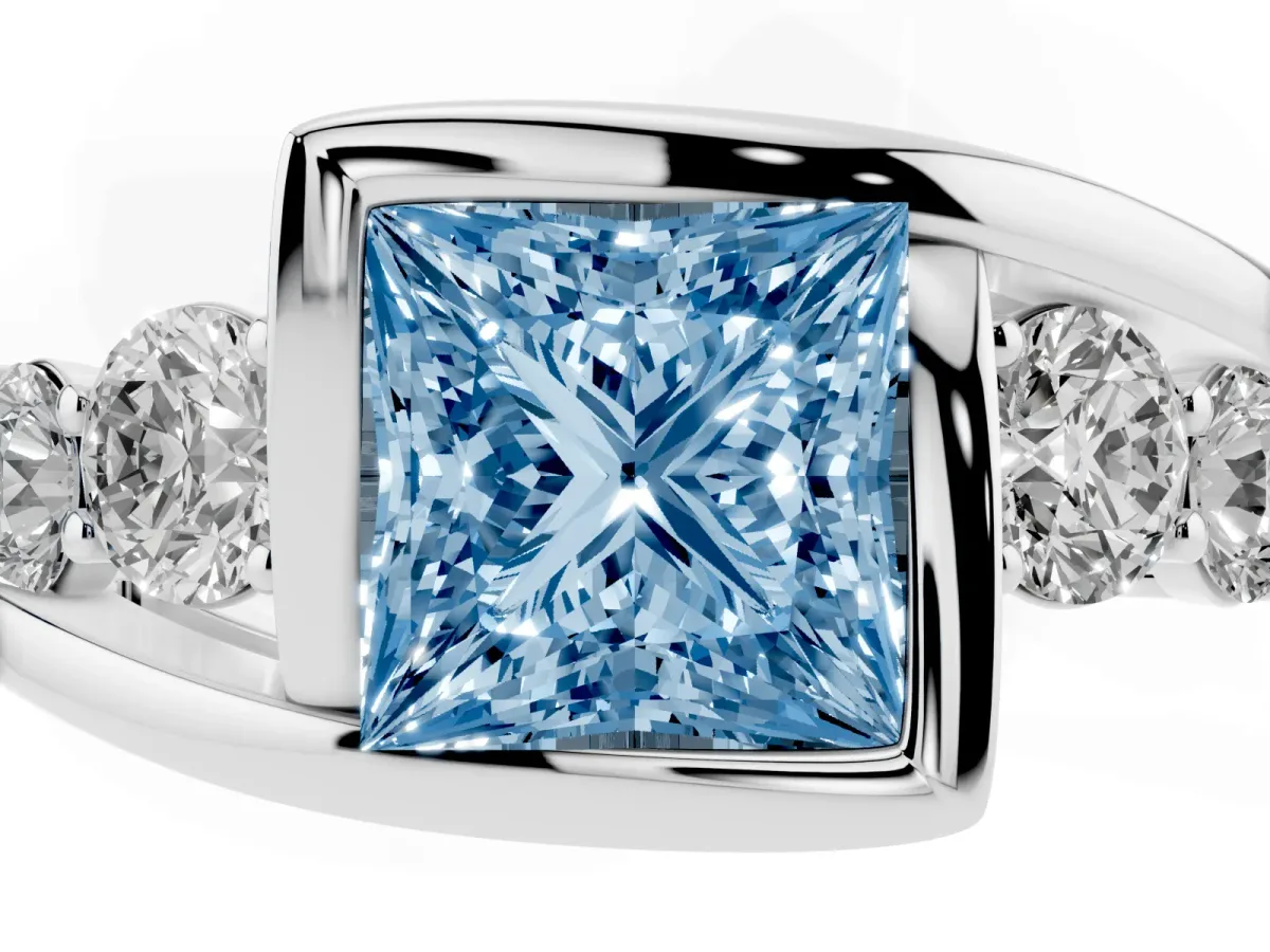 Fancy Blue Bezel Set Princess Cut Diamond Bypass Ring with Round Accents Platinum