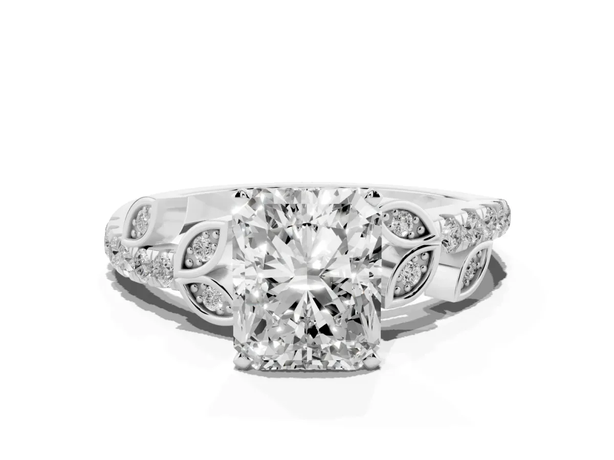 Radiant Cut Solitaire Leaf-Inspired Diamond Ring with Pavé Band and Four-Prong Setting Silver