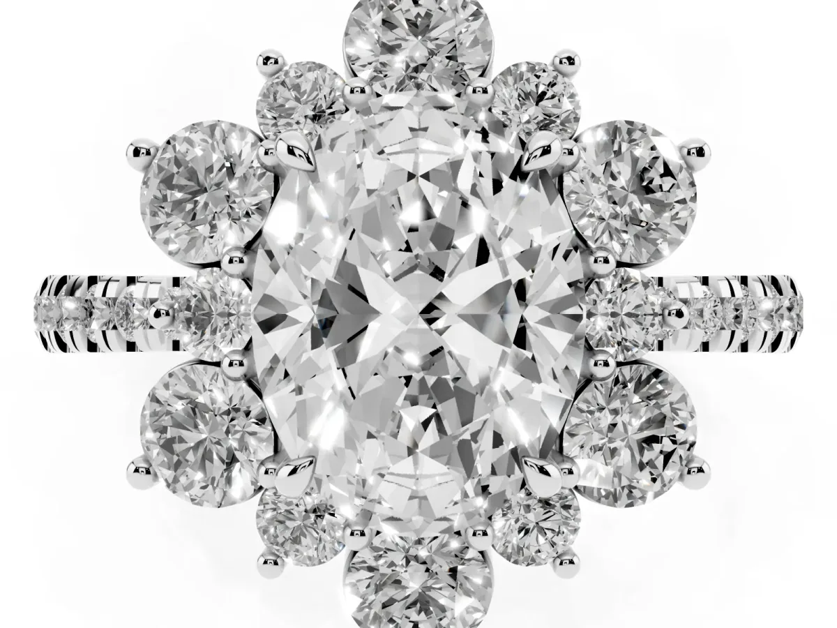 Oval Cut Diamond Floral Halo Ring with Round Pavé Band and Prong Setting White gold