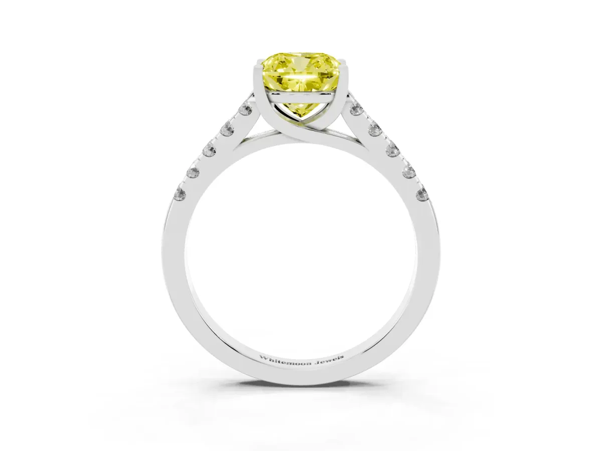 Fancy Yellow Cushion Cut Diamond Pavé Band Solitaire Ring with Prong Setting Platinum