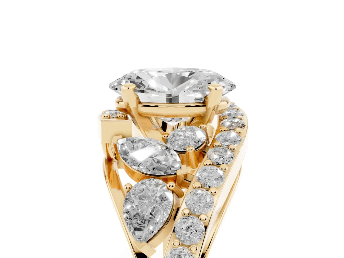 Oval Cut Diamond Halo Ring with Marquise and Pavé Band in Prong Setting Yellow gold
