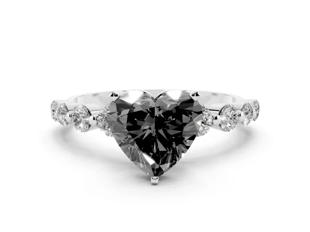 Fancy Black Heart Cut Solitaire Diamond Ring with Pave Band and Four-Prong Setting Silver