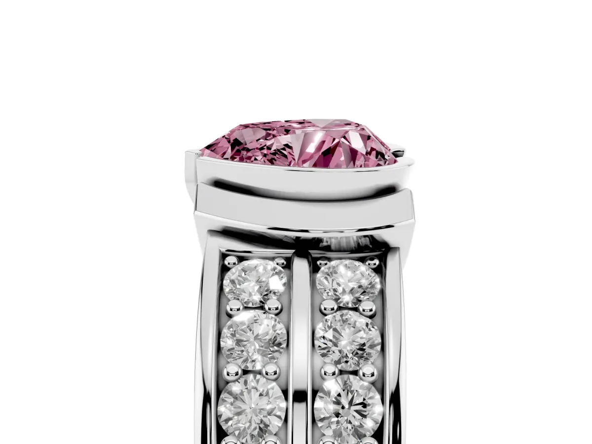 Fancy Pink Heart Cut Brilliant Diamond Channel Set Wide Band Ring with Bezel Setting Platinum