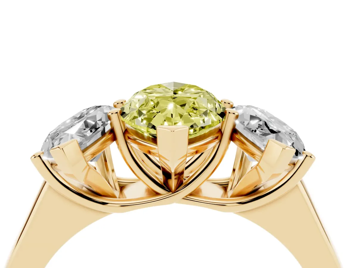 Fancy Yellow Marquise Cut Three-Stone Diamond Ring with Prong Setting on a Classic Band Yellow gold