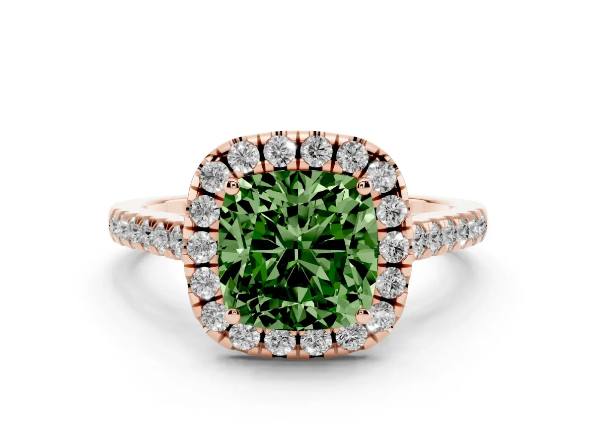 Fancy Green Cushion Cut Halo Pavé Diamond Engagement Ring with Four-Prong Setting Rose gold