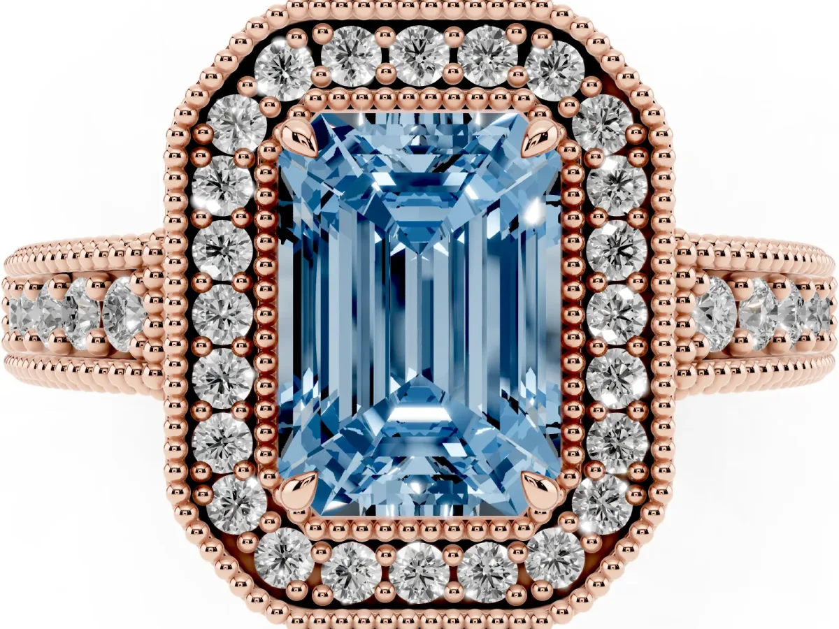 Fancy Blue Emerald Cut Cut Halo Diamond Ring with Pavé Band and Four-Prong Setting Rose gold