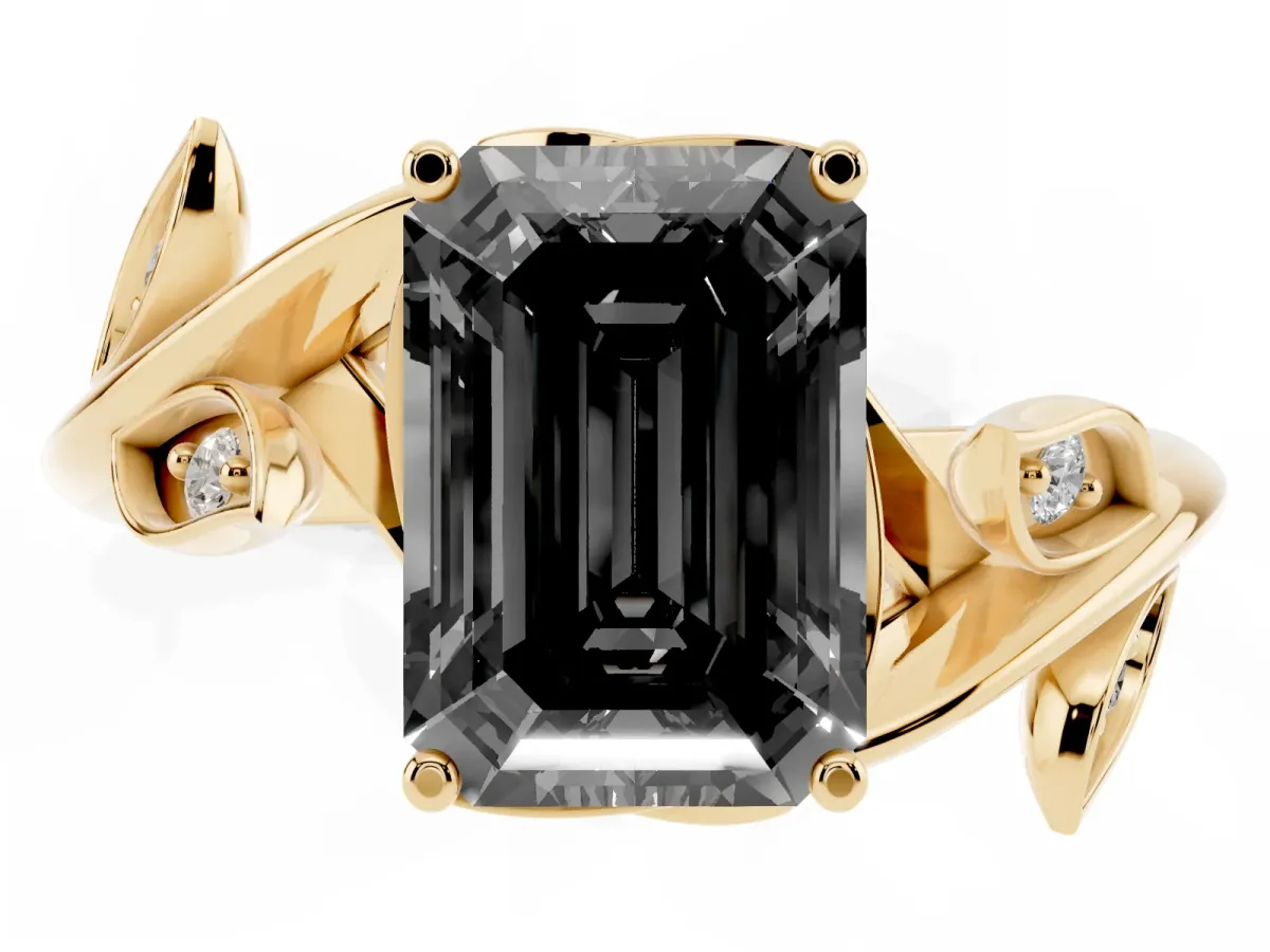 Fancy Black Emerald Cut Solitaire Twist Engagement Ring with Leaf Accents and Prong Setting Yellow gold