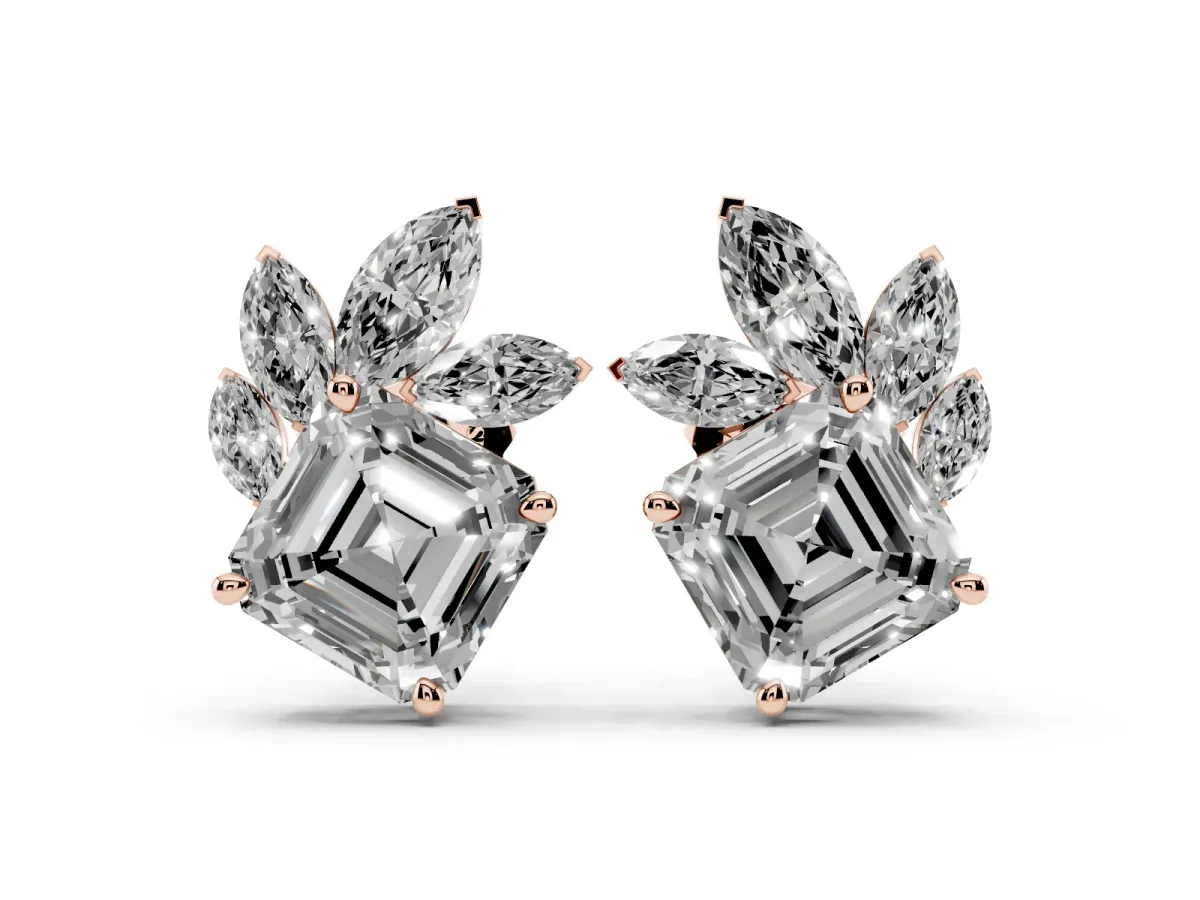 Asscher and Marquise Diamond Cluster Stud Earrings Rose gold