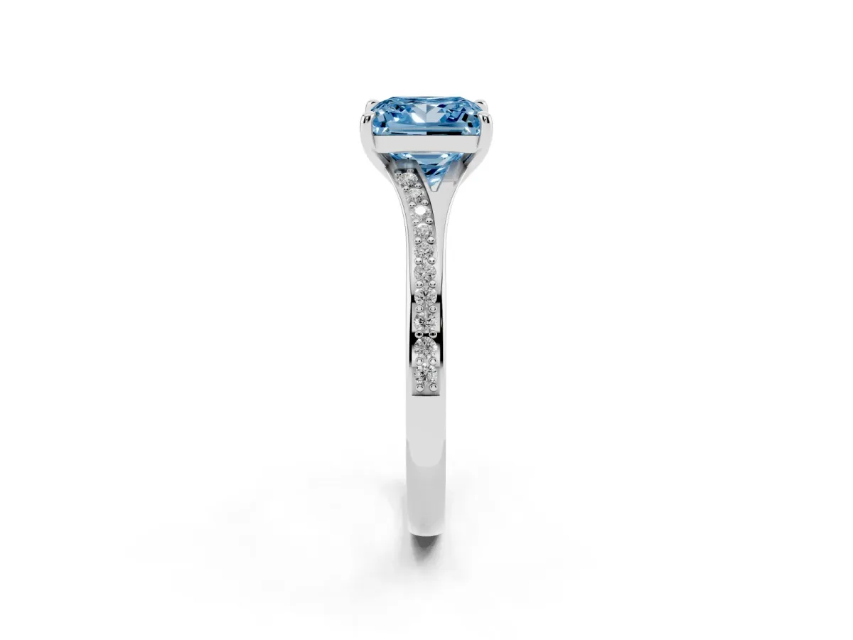 Fancy Blue Princess Cut Diamond Solitaire Ring with Pavé Band and Prong Setting Silver