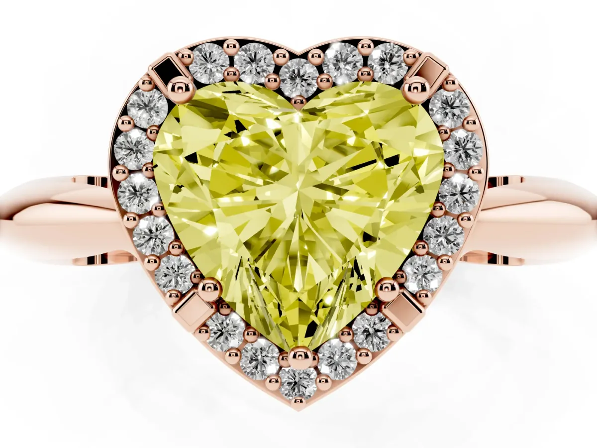 Fancy Yellow Heart Cut Cut Diamond Halo Engagement Ring with Split Shank and Four-Prong Setting Rose gold
