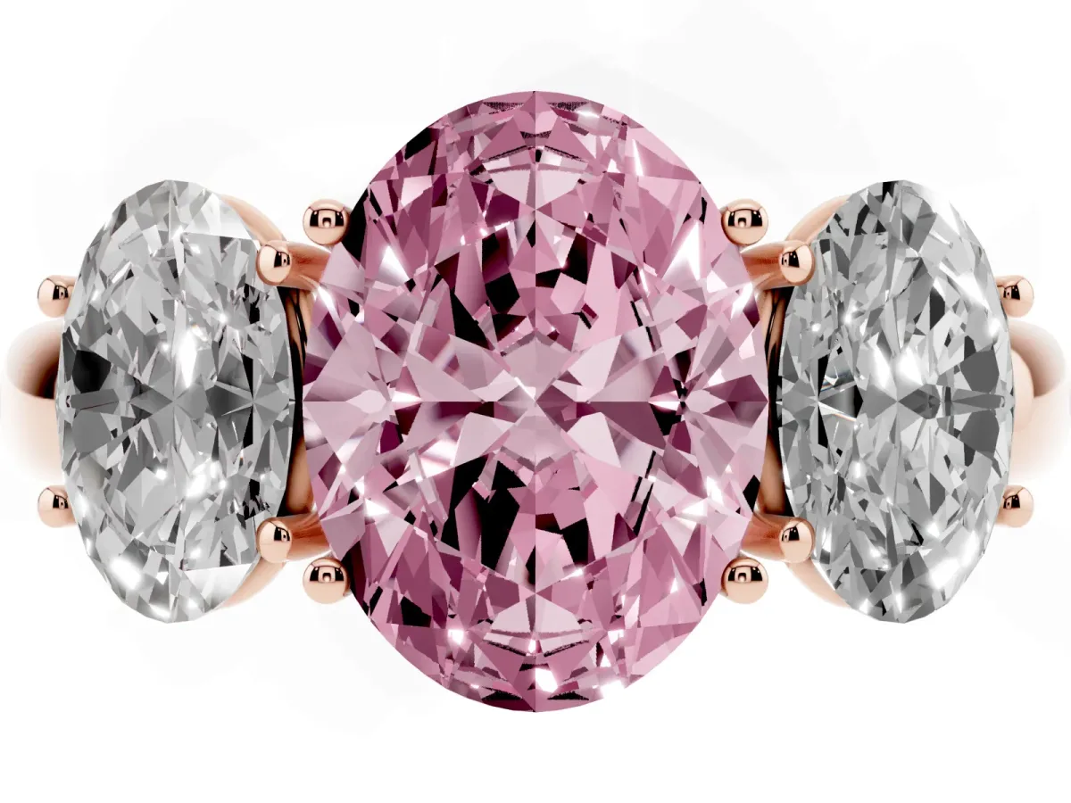 Fancy Pink Oval Cut Diamond Three-Stone Ring with Four-Prong Setting and Classic Band Rose gold