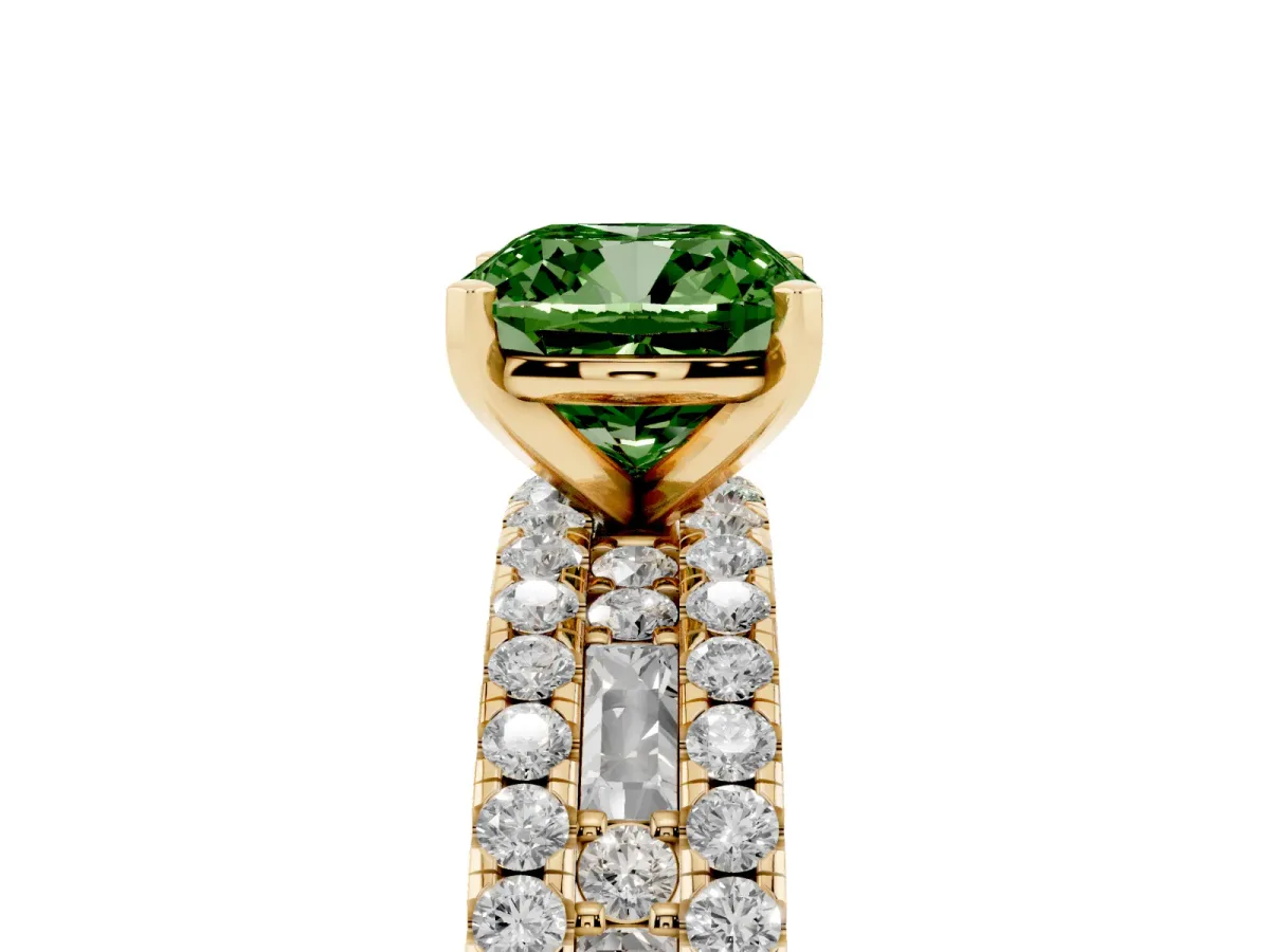 Fancy Green Cushion Cut Diamond Solitaire Ring with Pavé and Channel Set Band Yellow gold