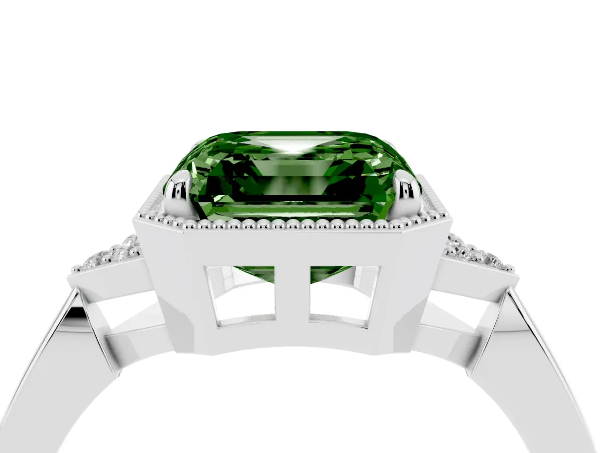 Fancy Green Asscher Cut Diamond Halo Ring with Tapered Band and Four-Prong Setting White gold