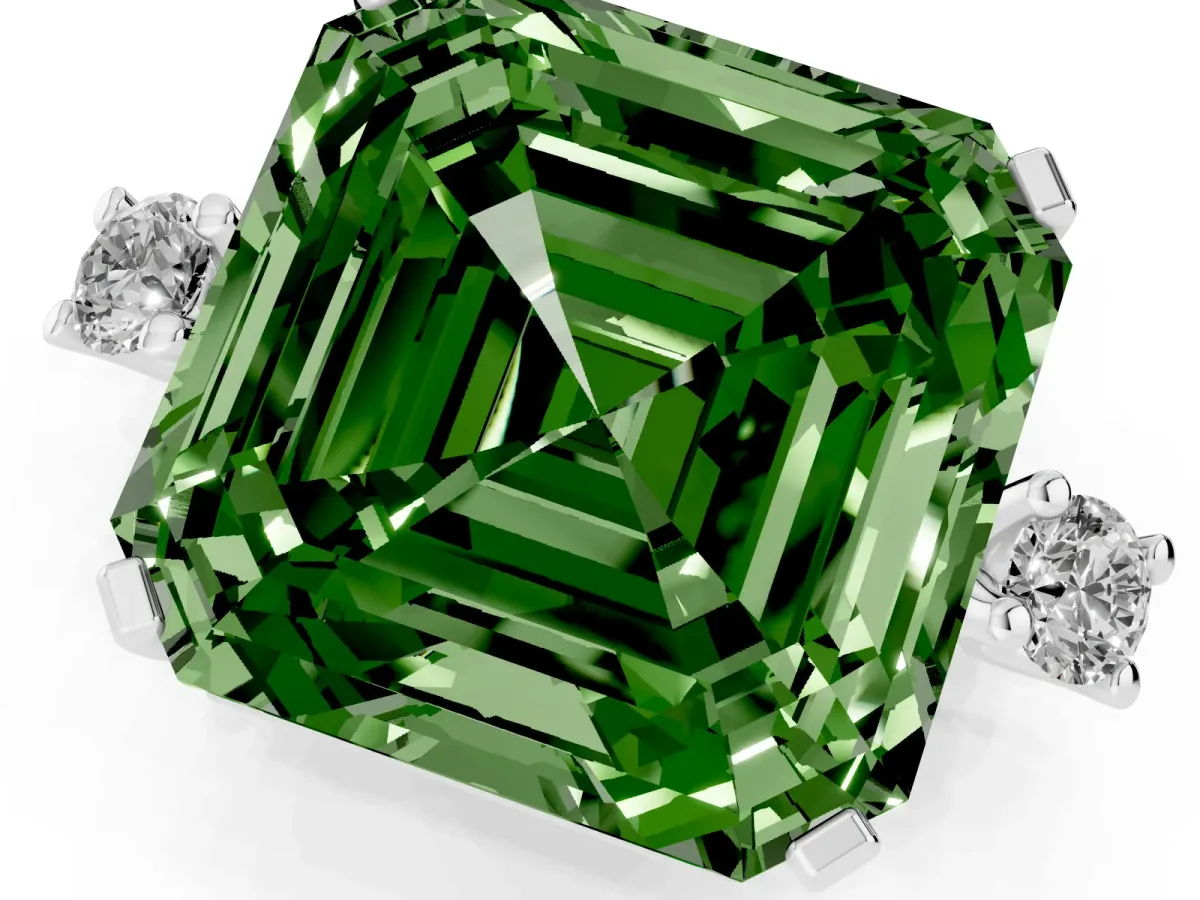 Fancy Green Asscher Cut Cut Three-Stone Solitaire Ring with Round Accent Diamonds and Four-Prong Setting Silver