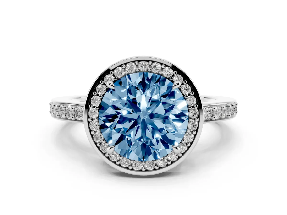 Fancy Blue Round Cut Halo Pave Band Solitaire Ring with Prong Setting Silver