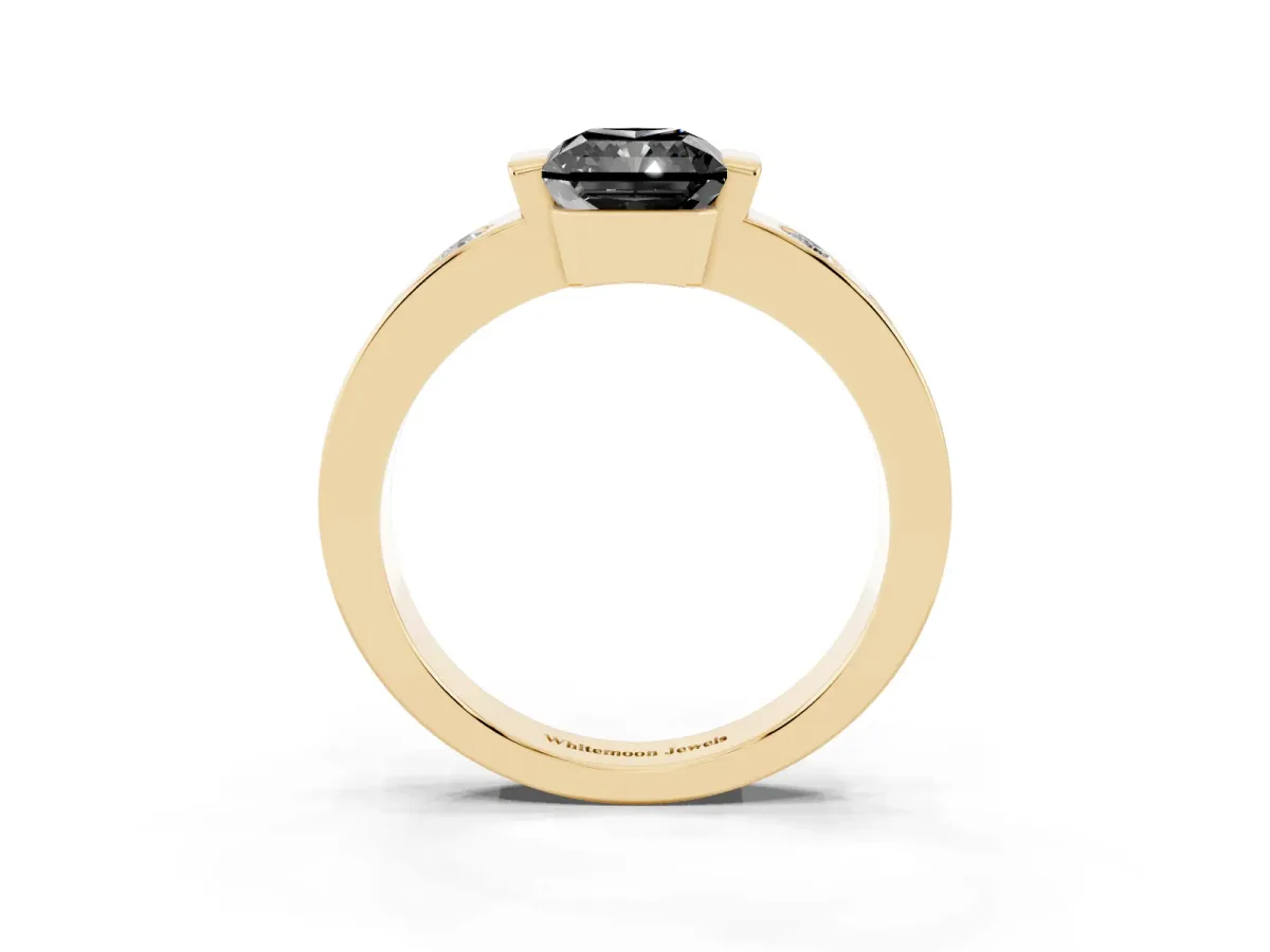 Fancy Black Radiant Cut Brilliant Channel-Set Diamond Ring with Bezel Prong Setting Yellow gold