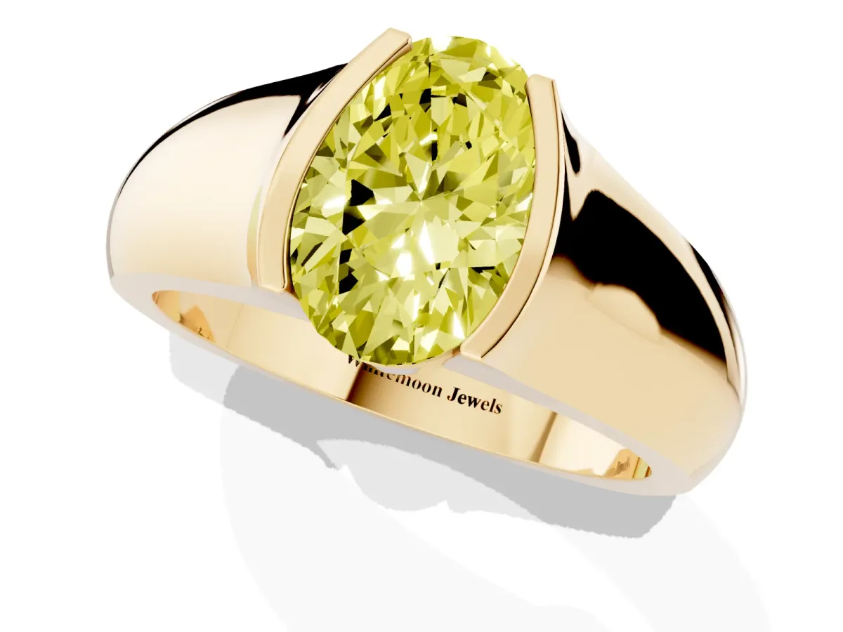 Fancy Yellow Oval Cut Solitaire Bezel Set Diamond Ring with Wide Band Yellow gold