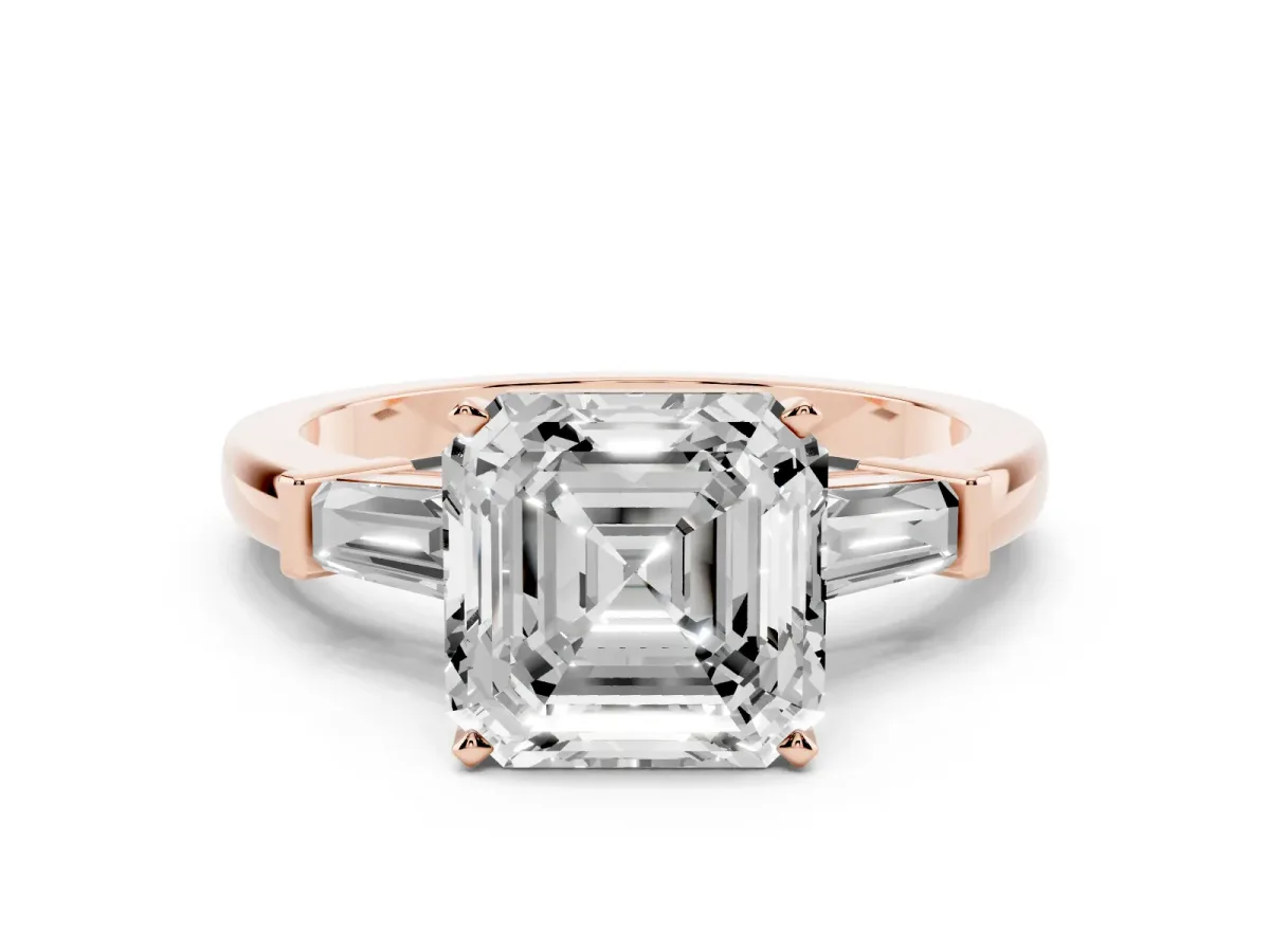 Asscher Cut Cut Diamond Solitaire Ring with Tapered Baguette Accents and Four-Prong Setting Rose gold