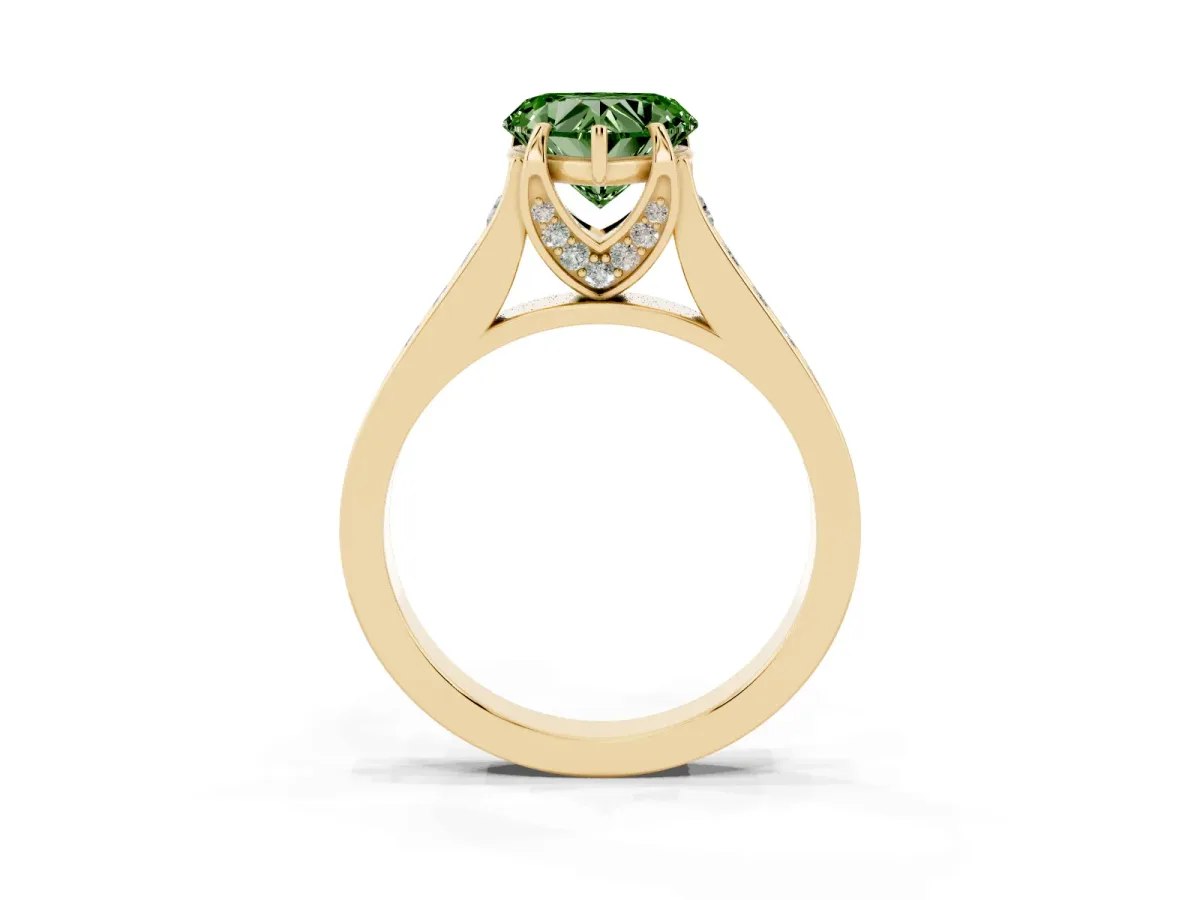 Fancy Green Heart Cut Brilliant Cut Diamond Engagement Ring with Pavé Band and Four-Prong Setting Yellow gold