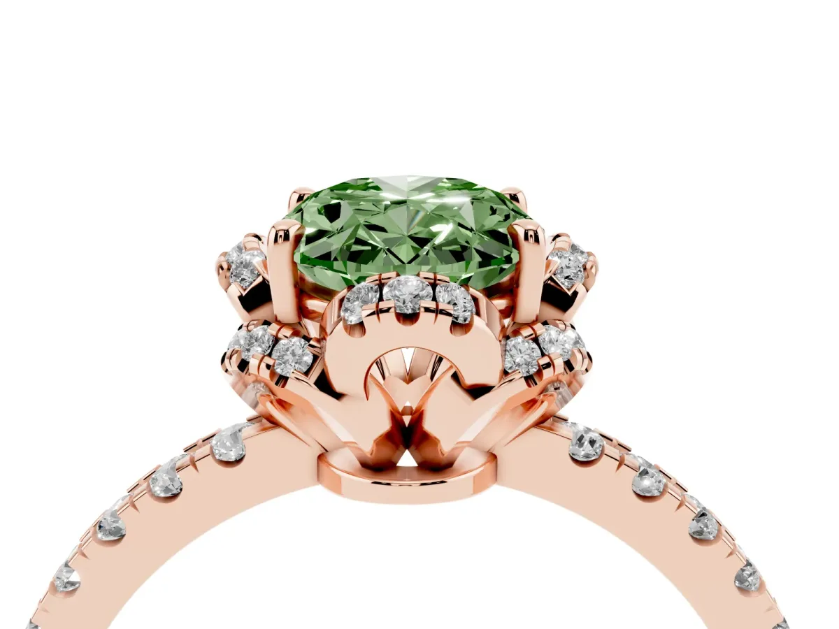 Fancy Green Oval Cut Diamond Halo Pave Band with Four-Prong Setting Rose gold