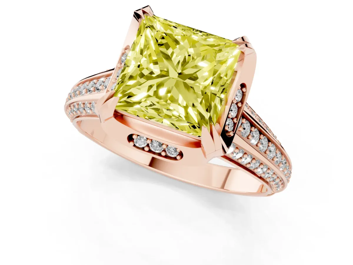 Fancy Yellow Princess Cut Solitaire Pave Split Shank Ring with Four-Prong Setting Rose gold