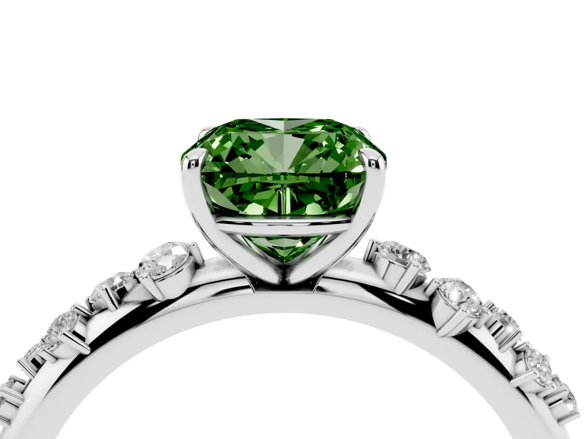 Fancy Green Cushion Cut Diamond Cluster Prong-Set Solitaire Ring Silver