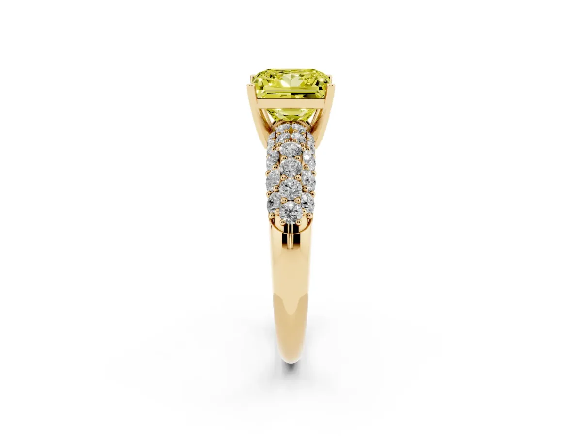 Fancy Yellow Princess Cut Diamond Pavé Band Solitaire Ring with Four-Prong Setting Yellow gold