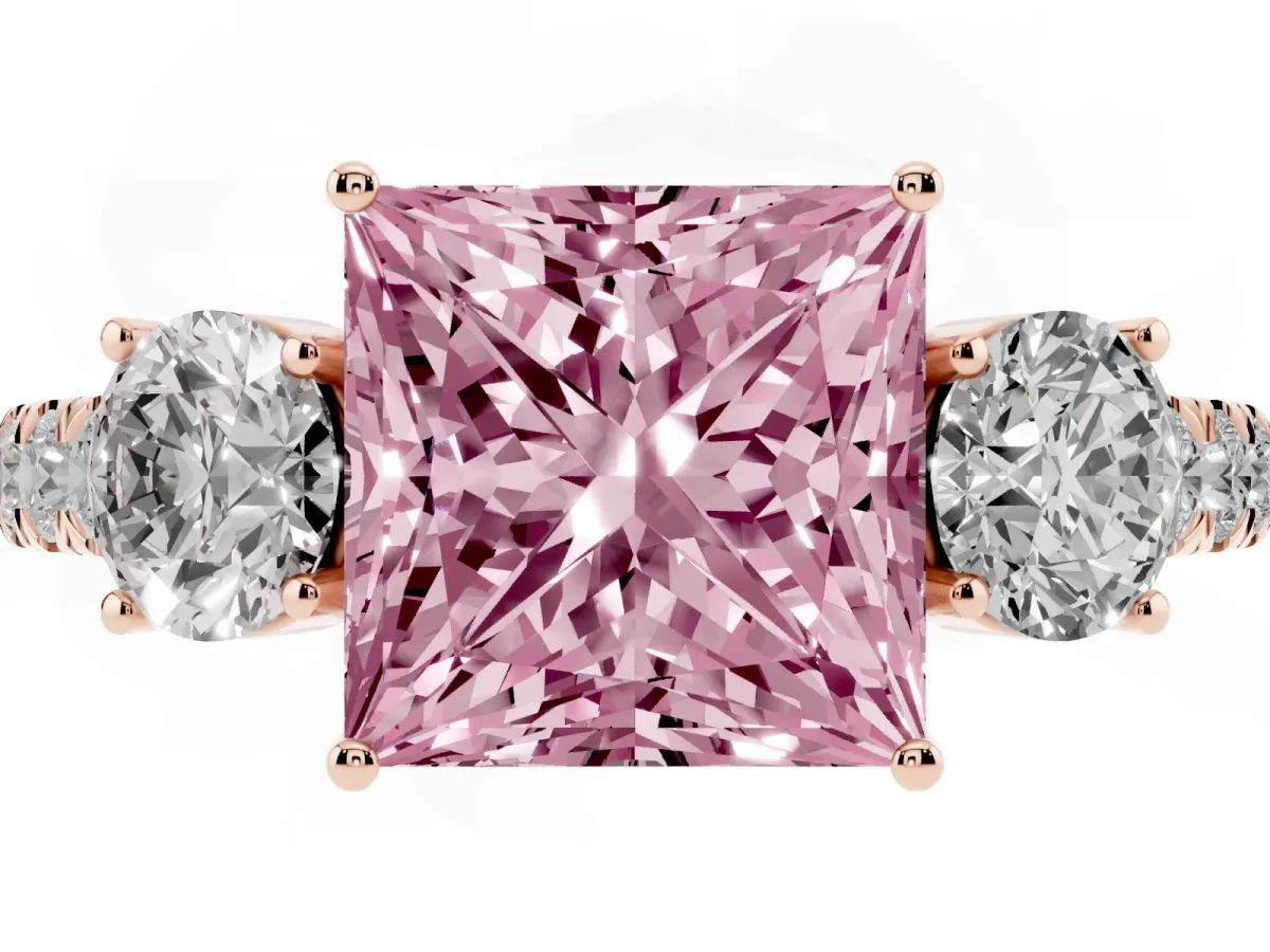 Fancy Pink Princess Cut Cut Diamond Three-Stone Ring with Round Side Stones and Pavé Band Rose gold