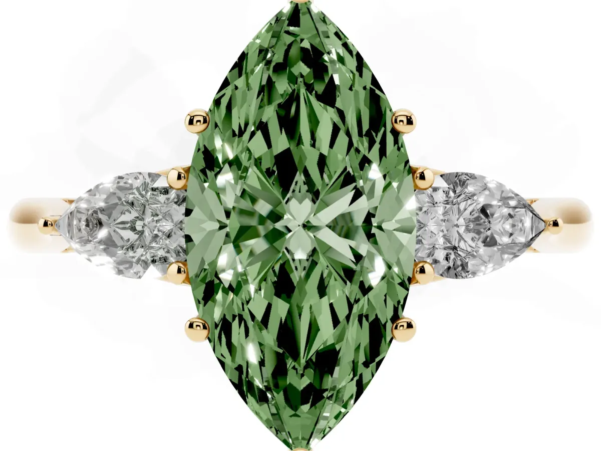 Fancy Green Marquise Cut Diamond Three-Stone Ring with Pear Side Stones and Prong Setting Yellow gold