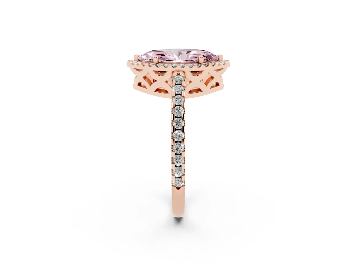 Fancy Pink Marquise Cut Diamond Halo Engagement Ring with Pavé Band and Prong Setting Rose gold