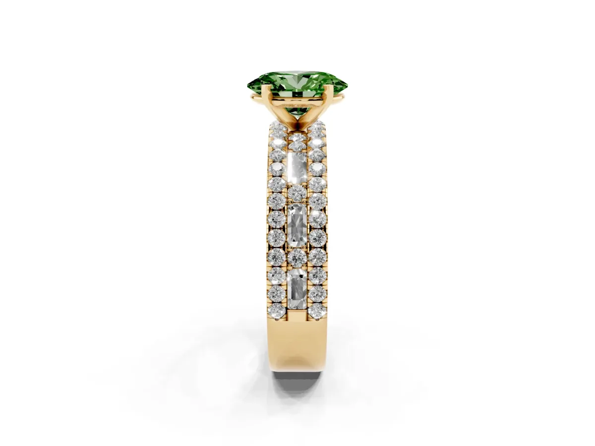 Fancy Green Oval Cut Diamond Solitaire Ring with Pavé and Channel Set Band Yellow gold