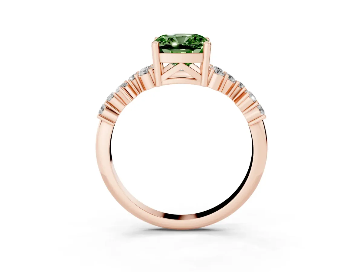 Fancy Green Cushion Cut Diamond Scattered Round Accent Ring with Prong Setting Rose gold