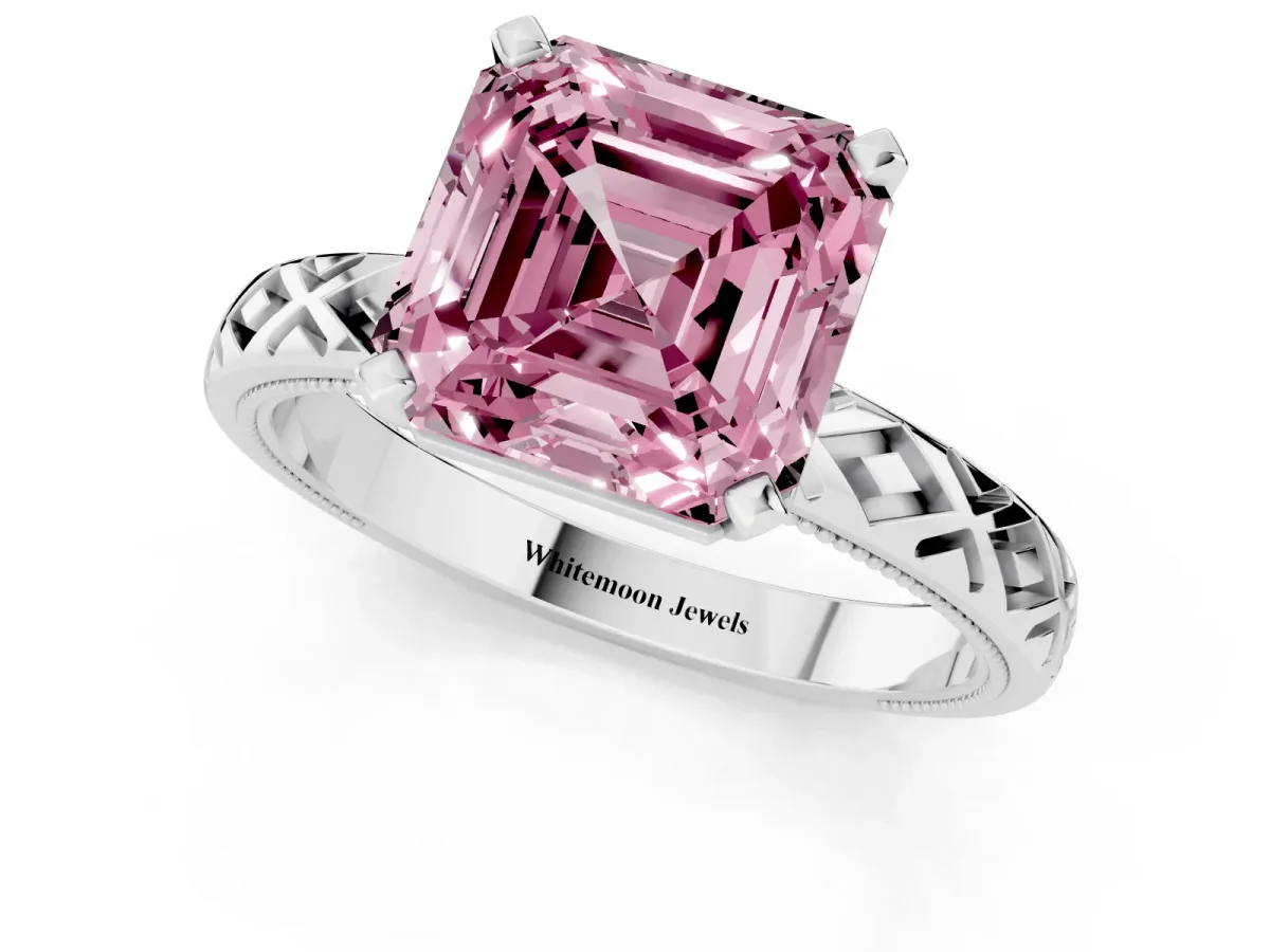 Fancy Pink Asscher Cut Solitaire Diamond Ring with Milgrain and Black Enamel X Pattern Band Silver