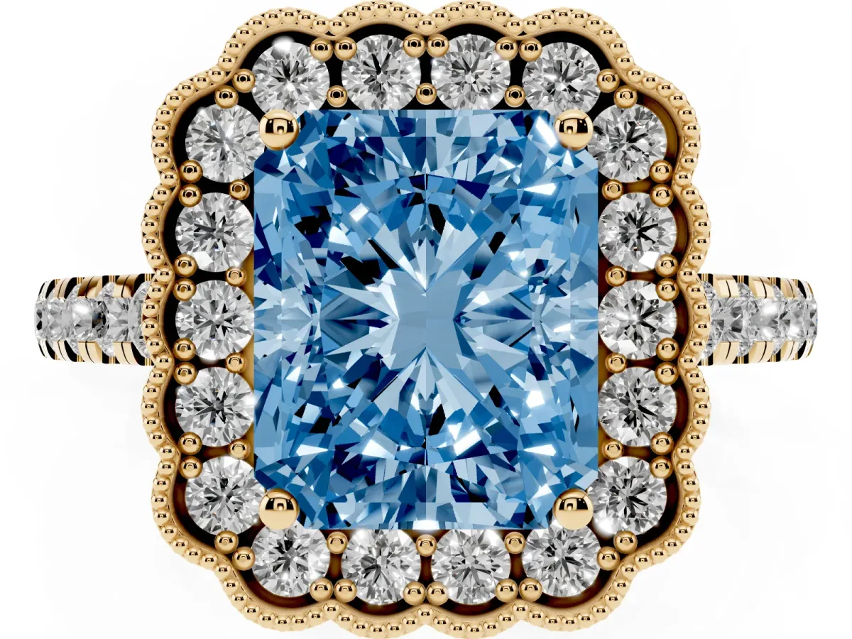 Fancy Blue Radiant Cut Cut Diamond Milgrain Floral Halo Engagement Ring with Pavé Band Yellow gold